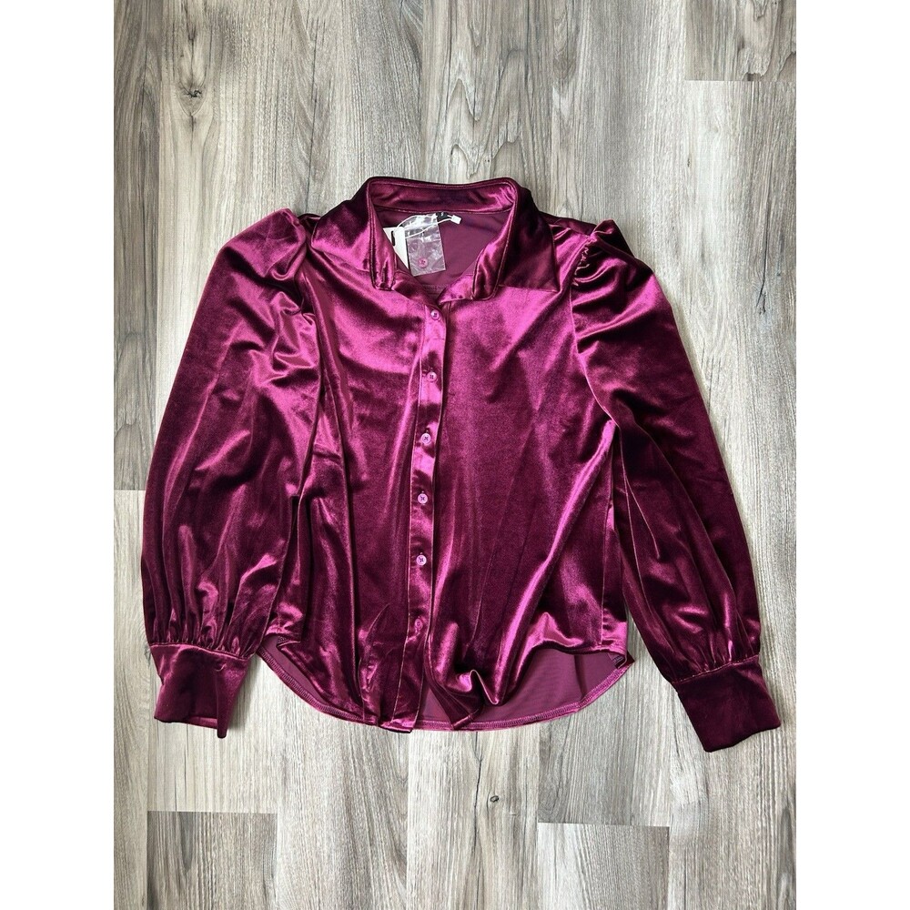 NWT Magenta Velvet Puff Sleeve Blouse Sz S - Button Up Puffy Shoulder Romantic